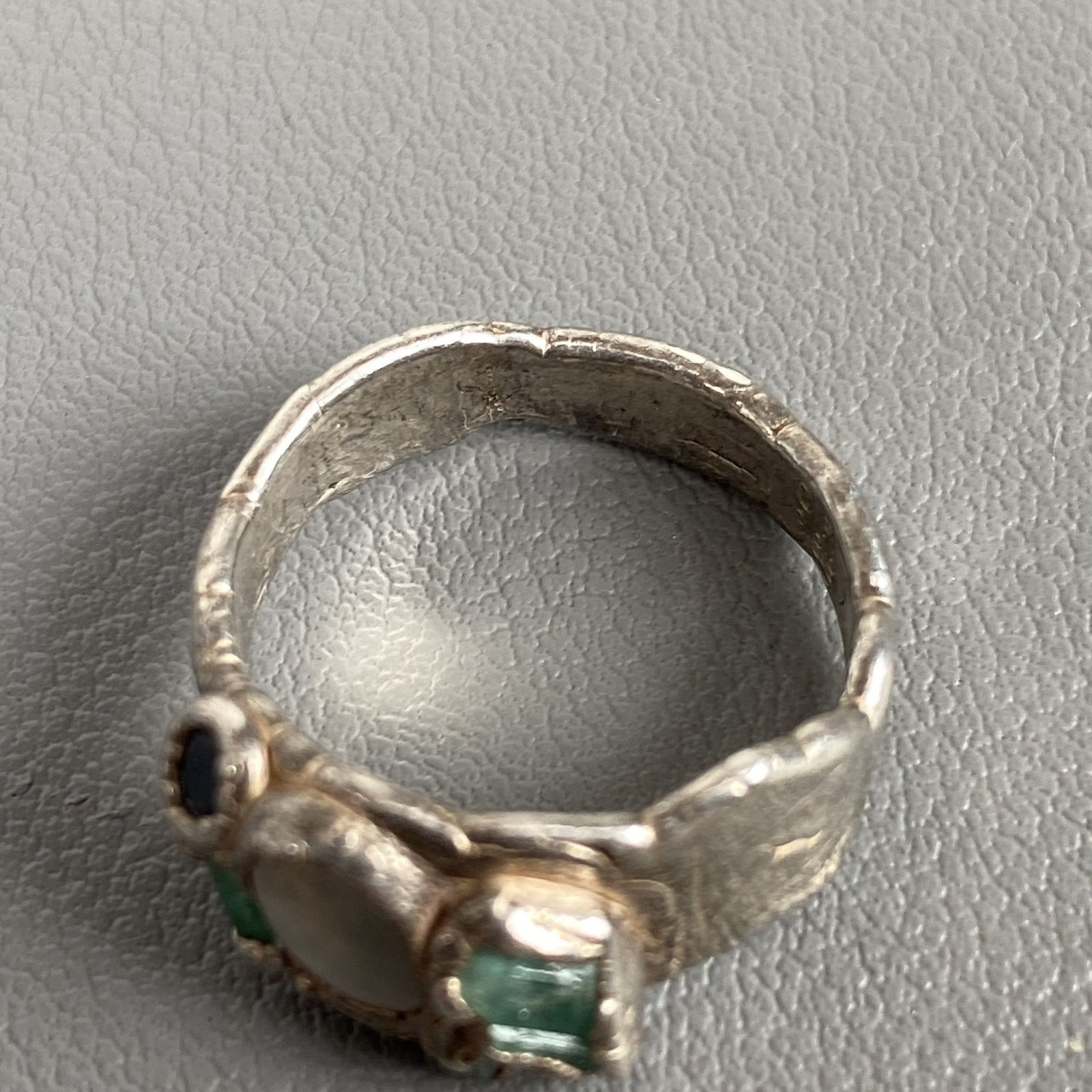 Artisan Sterling Silver Abstract Brutalist Moonstone Tourmaline Sapphire Ring 7