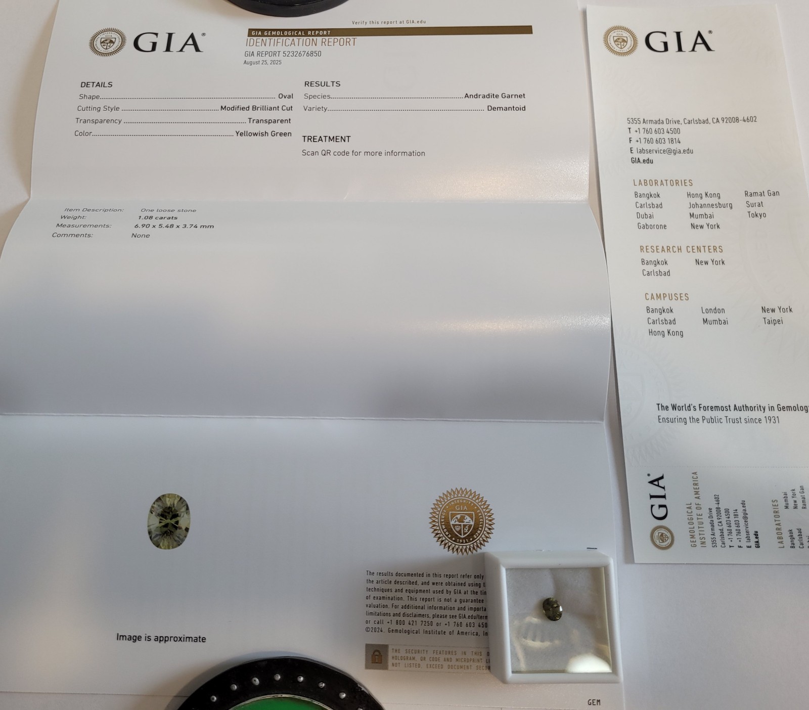 GIA Certified Demantoid Andradite Garnet 1.08cts Oval 6.90×5.48x 3.74mm Gemstone