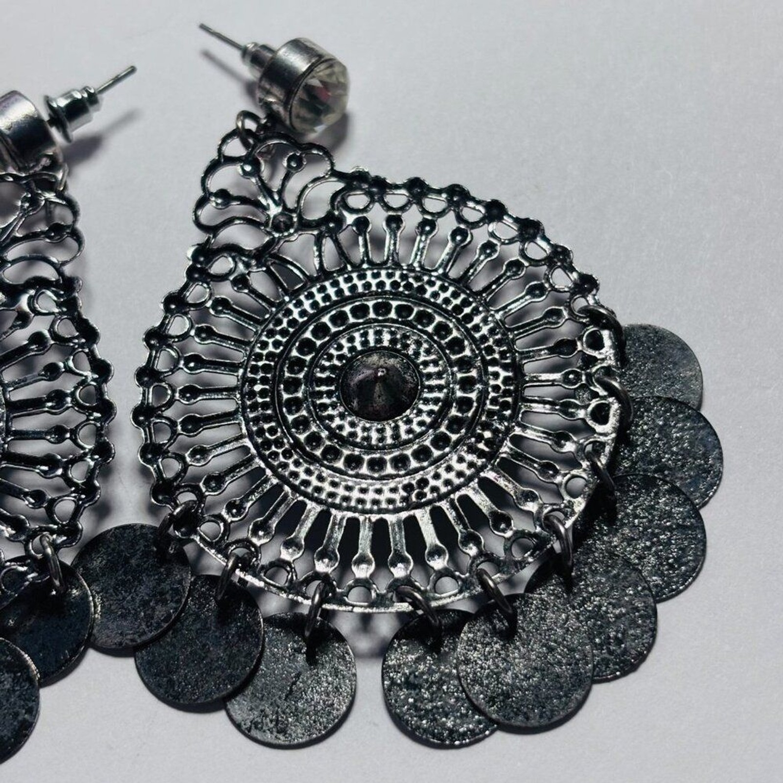 Boho Silver Tone Turquoise Medallion Drop Dangle Earrings