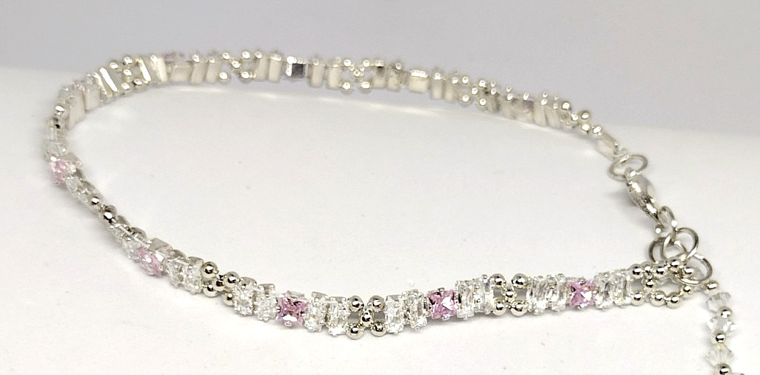 7-inch Bracelet Rectangle Stack – 2x4mm White, 3mm PINK Square Prong-Sets