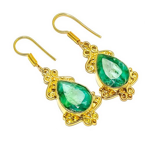 Emerald (Lab-Created) 18k Yellow Gold Plated Earring 1.95″ E7624-262
