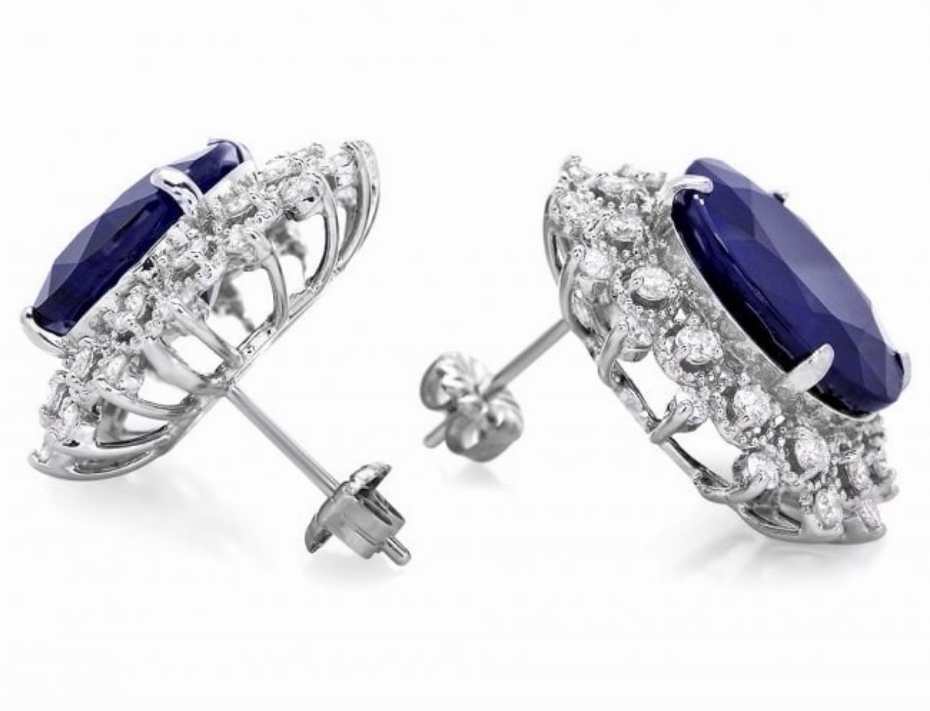 14K White Gold Blue Oval Sapphire & Diamond Tennis Bracelet Box Closure AIGL