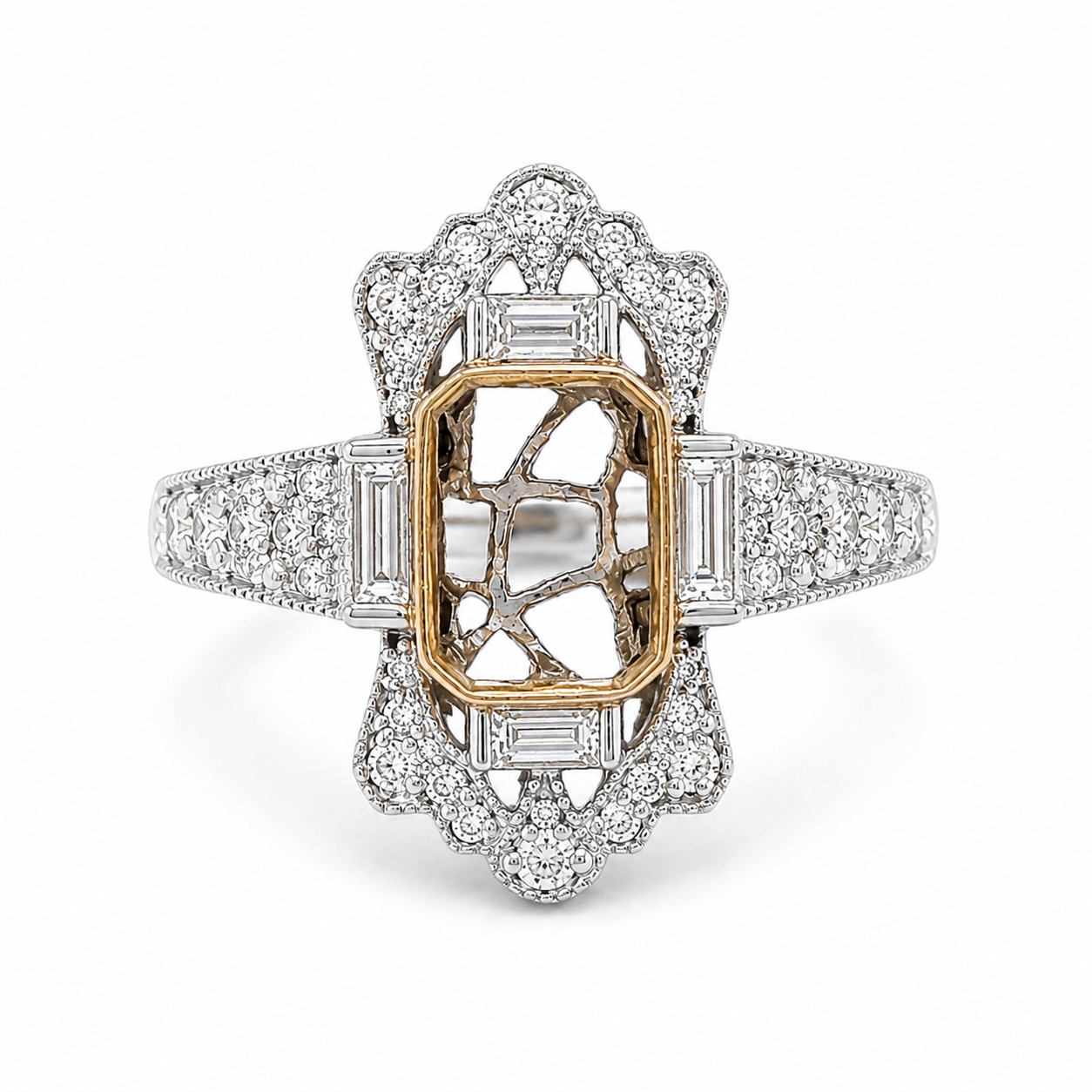 Semi-Mount Art Deco Ring with 0.82 cttw Natural Diamond, Solid 14K White Gold