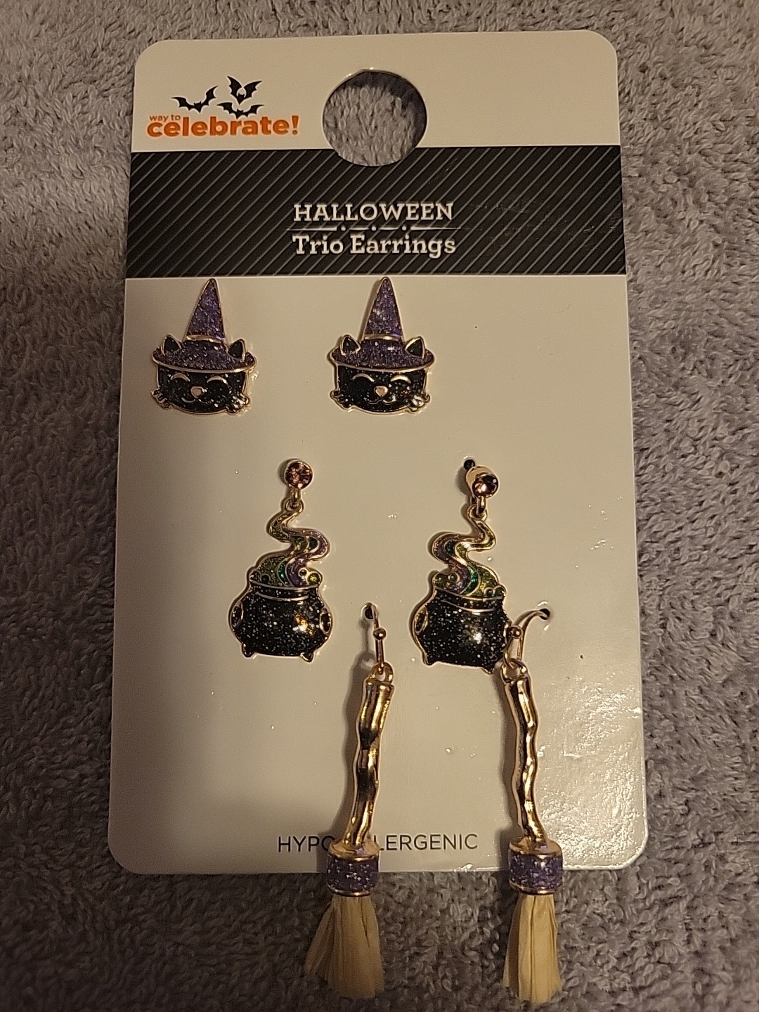 NEW Way To Celebrate 3 Pair Halloween Earrings Broom Pot Cat