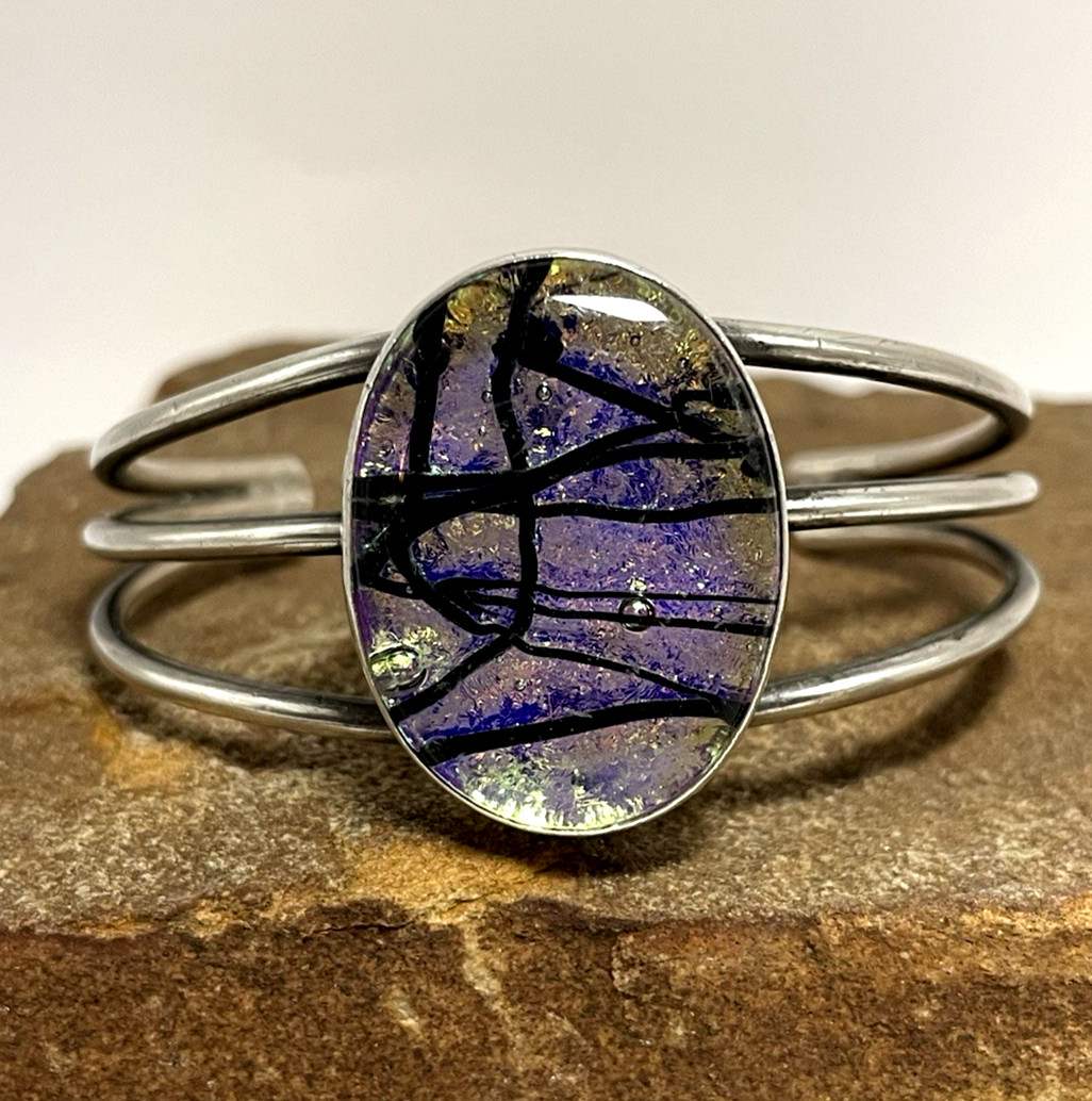Vtg 925 Sterling Silver Dichroic Glass Purple Yellow Black Cuff Bracelet 36.3g