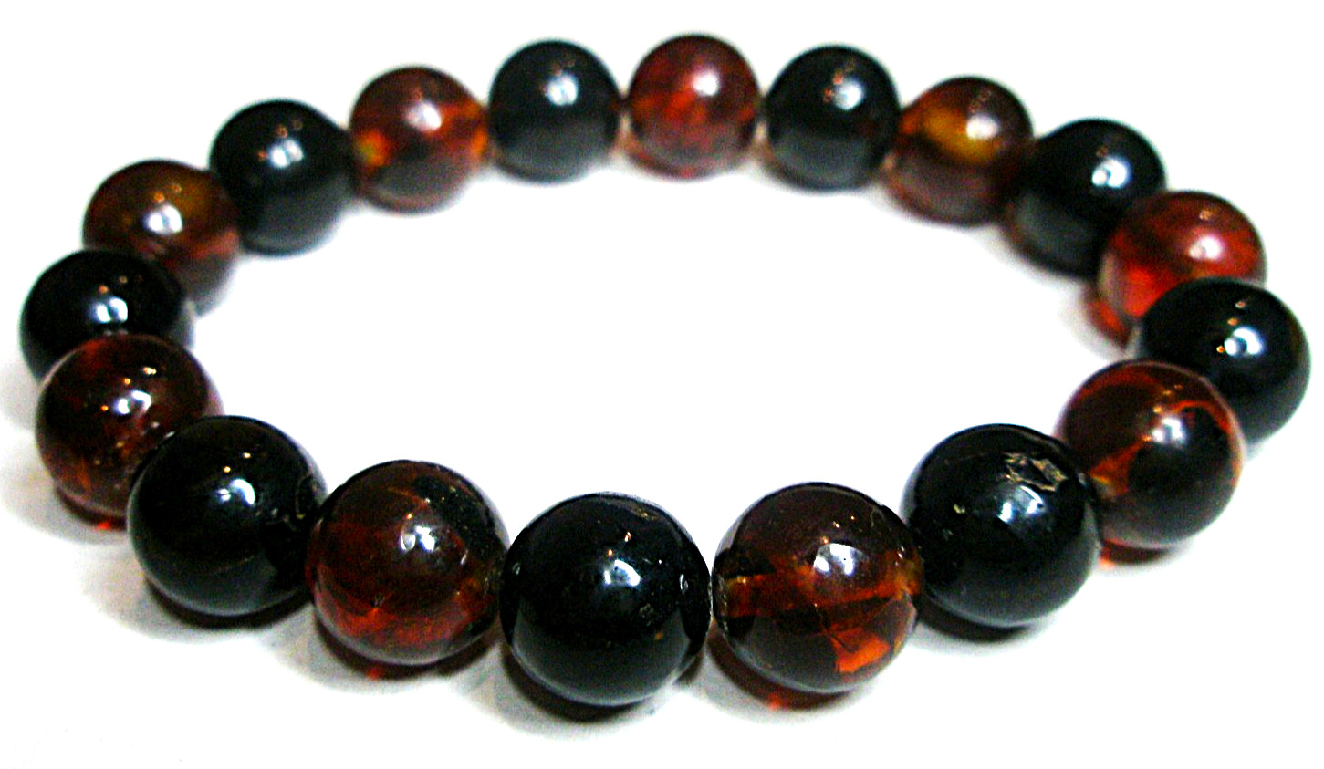 Real Baltic Amber Boho Round Beads 9 mm, Bracelet 16 cm 6.3”, Red Cherry, Black