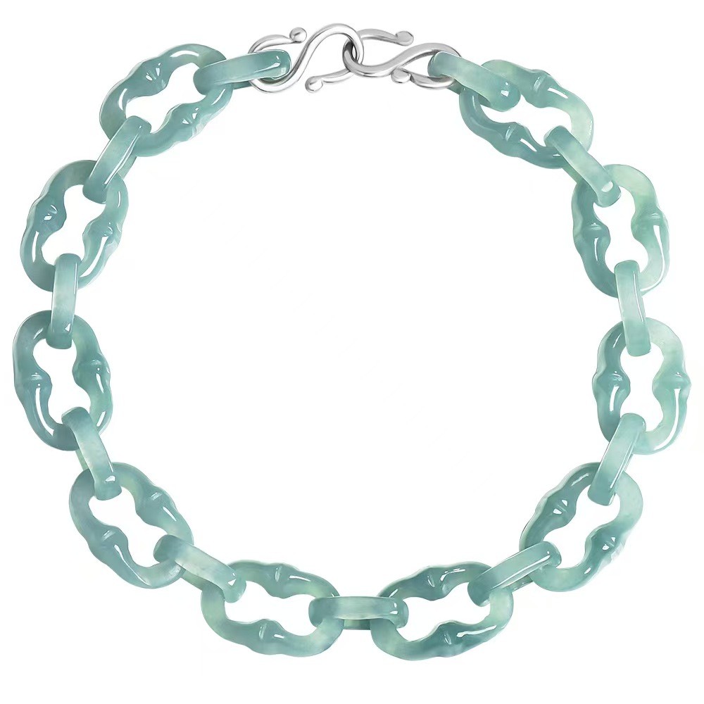 Real Grade A Natural Blue Jade Jadeite Bracelet Square O Link Chain 5-7.9inch