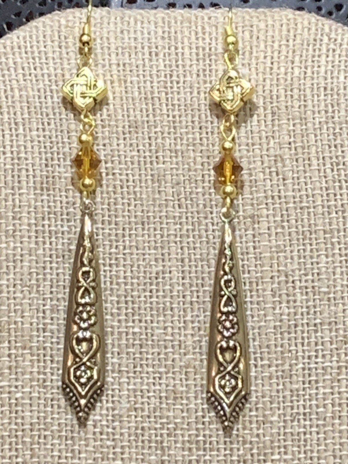 NEW ITEM* HANDCRAFTED VINTAGE EGYPTIAN REPOUSSE’ BRASS DROP & CRYSTAL EARRINGS