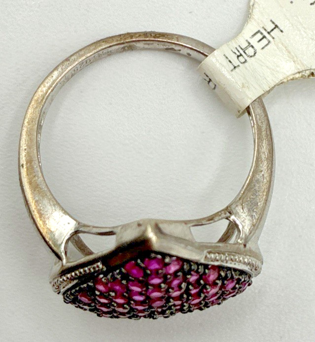 Sterling Silver 925 Ring Size 7.75 Pave Heart Dark Pink Stones Halo 3.7g