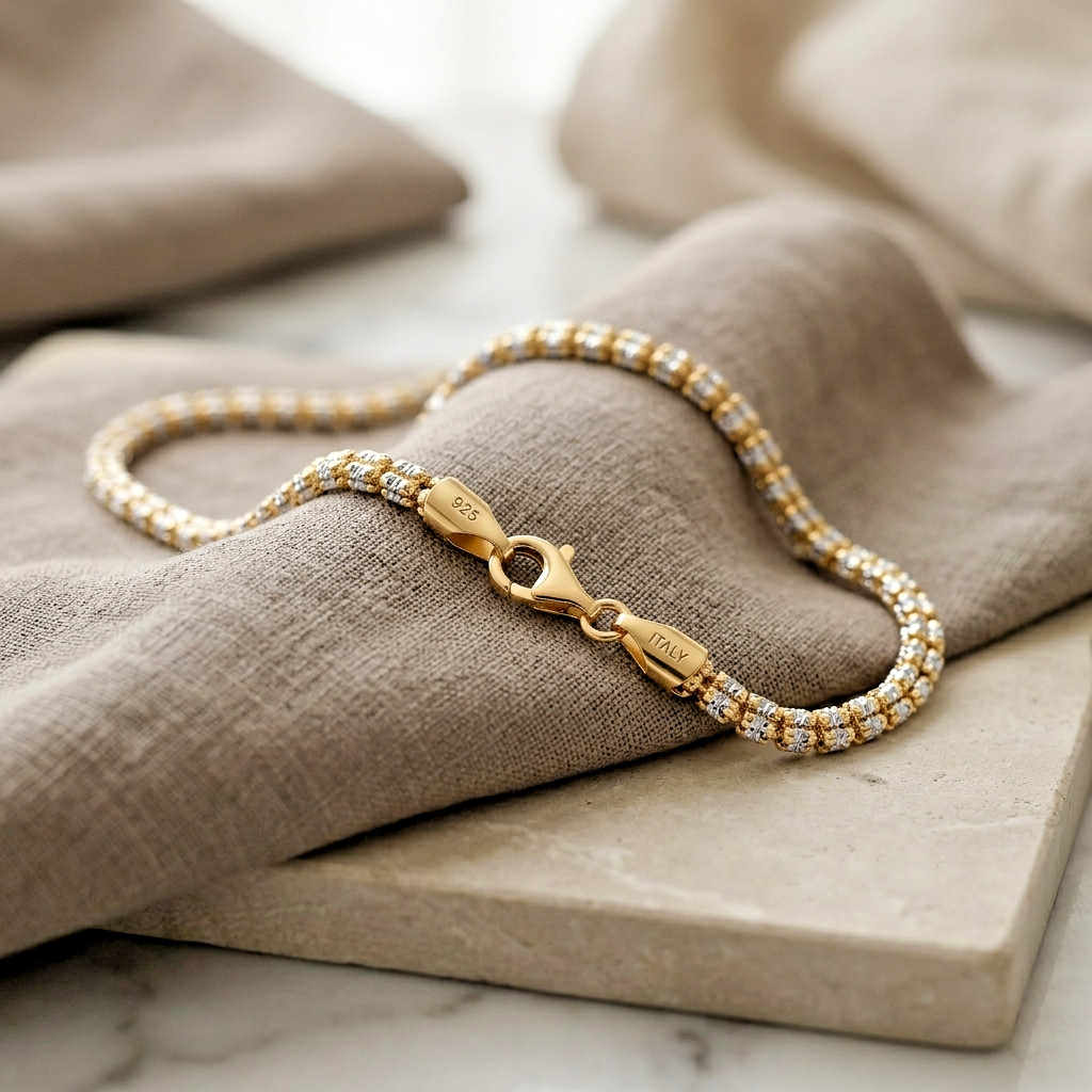 Two-Tone Gold 3mm Diamond-Cut Ice Italian Bracelet 7″-8″ 925 Sterling Silver