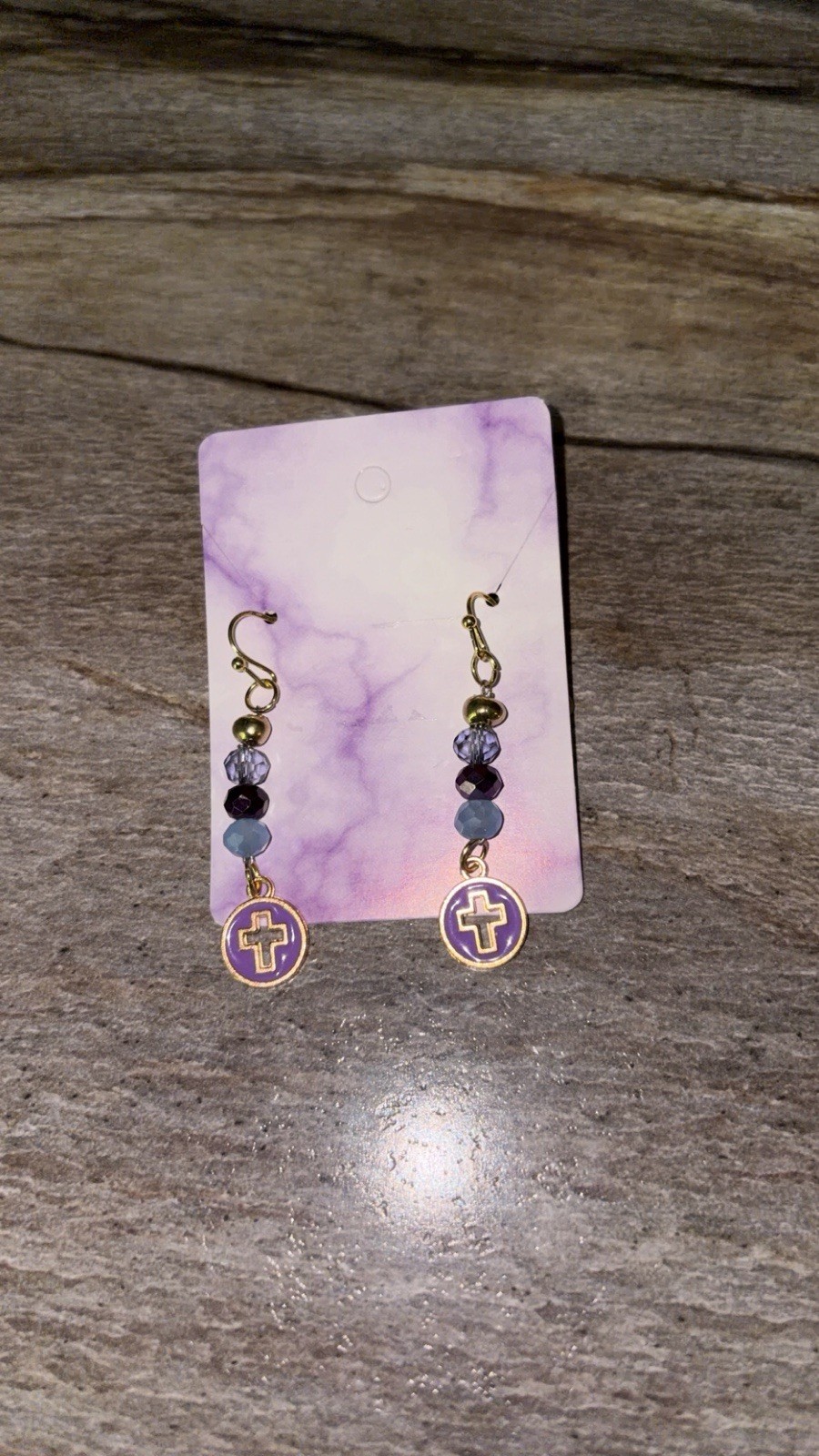 Handcrafted Purple Gold Beaded Cross Charm Dangle Earrings Glass Metal Religious
