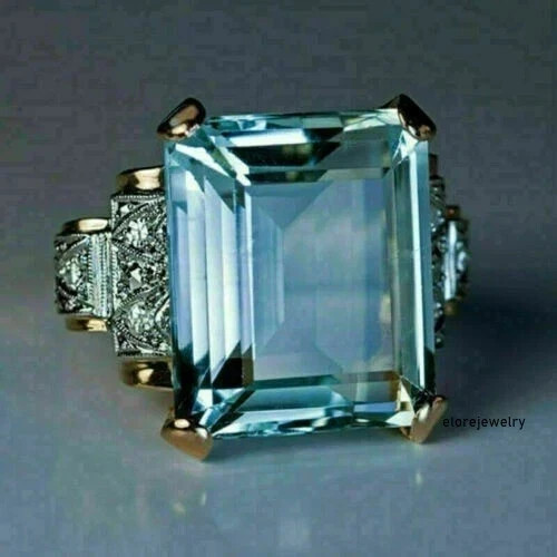 7.20 Ct Emerald Cut Natural Aquamarine & Diamond Ring 14K Yellow Gold Size 6