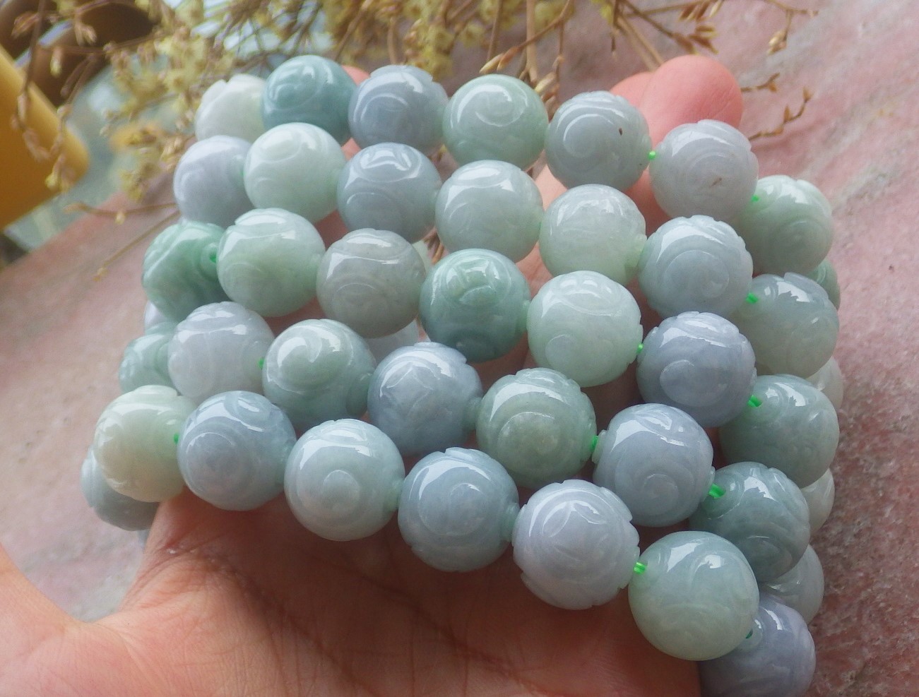 1 pcs Burma A Green jade jadeite bead Ruyi Flower bracelet Bangle 14mm 131109