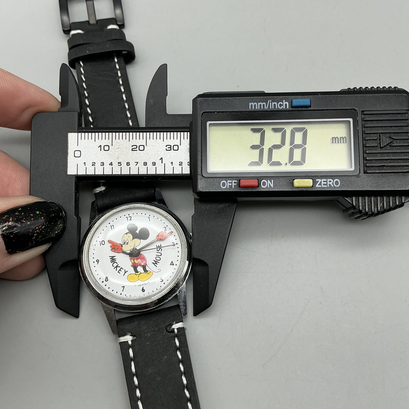 Vintage Disney Mickey Mouse Mens Watch 33mm Silver Tone Manual Black Leather