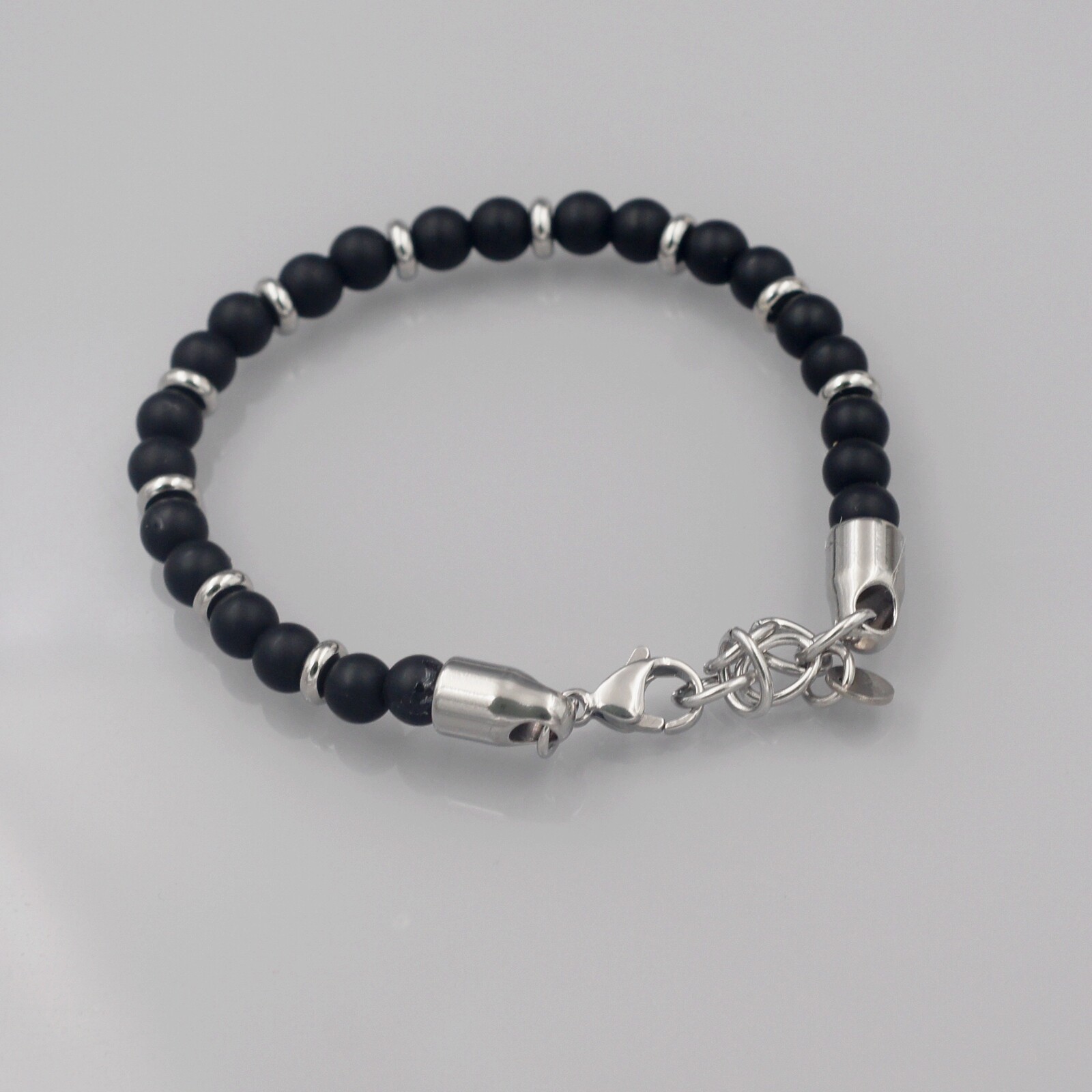 Men Black Agate Natural Frosted Stone Stainless Steel Chain Bangle Bracelet 151