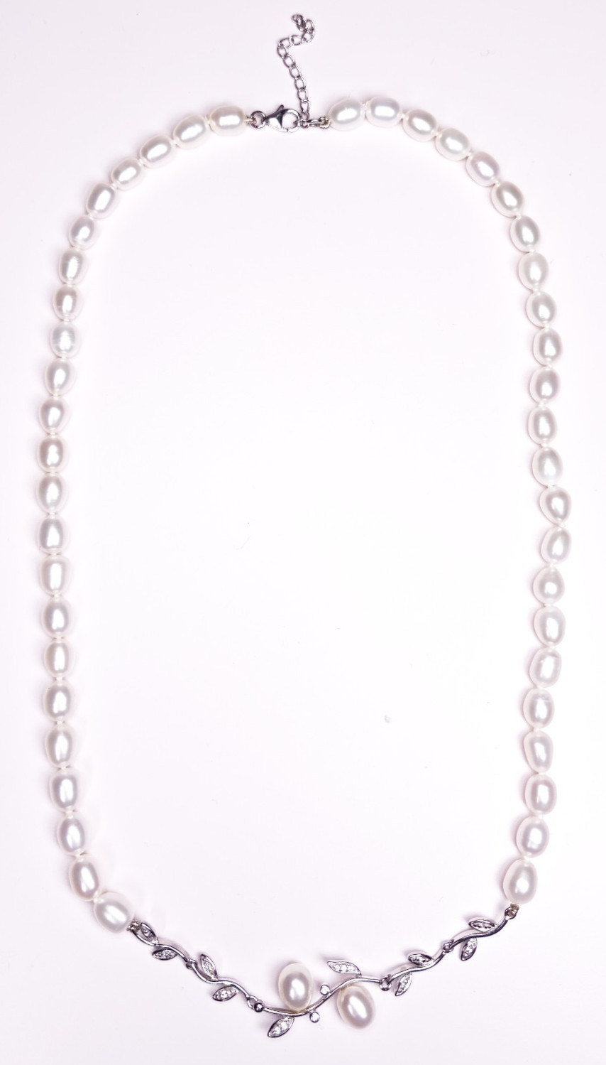 925 Sterling Silver Diamond White Cultured Freshwater Pearl Necklace 18–19.5″