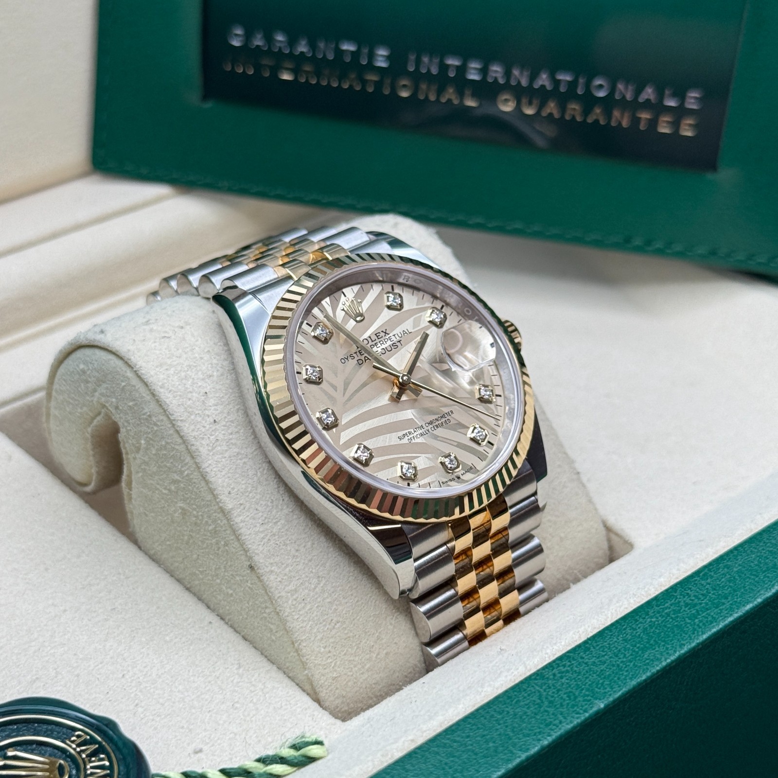 Rolex Datejust 36 Champagne Palm Diamond Two Tone Yellow Gold Fluted Jubilee