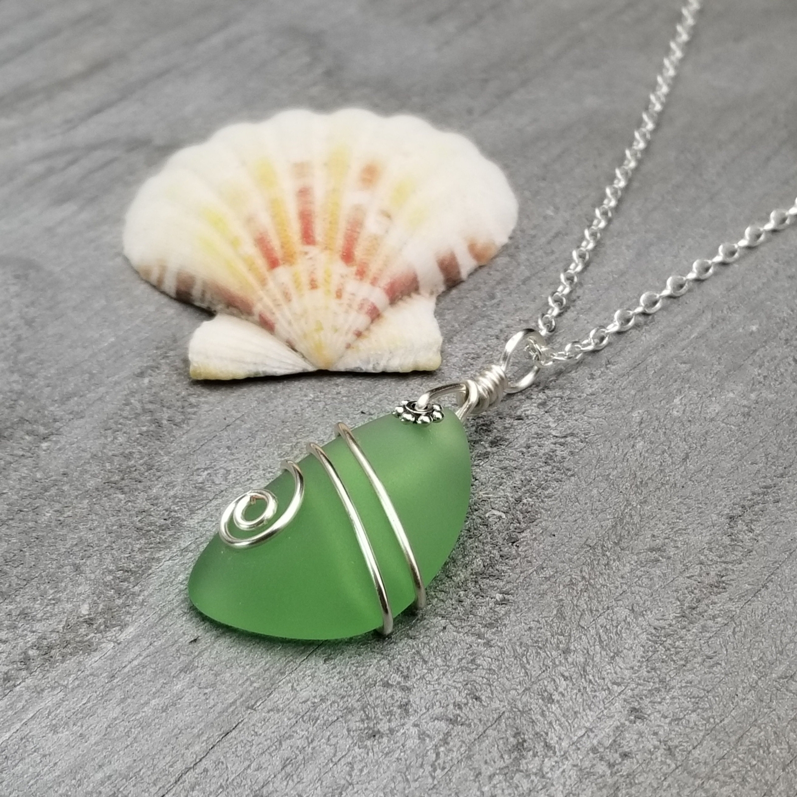 Hawaiian Jewelry Sea Glass Necklace, Wire Peridot Green Necklace, Unique Beach