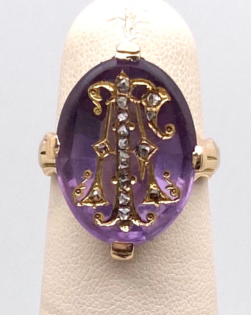 Antique 14k Gold Amethyst and Rose Cut Diamond Ring 10.3 Grams Size 8