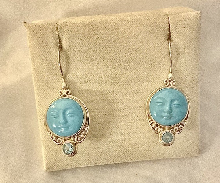 Sajen 925 Sterling Silver Carved Turquoise, Aquamarine Accent Moon Face Earrings