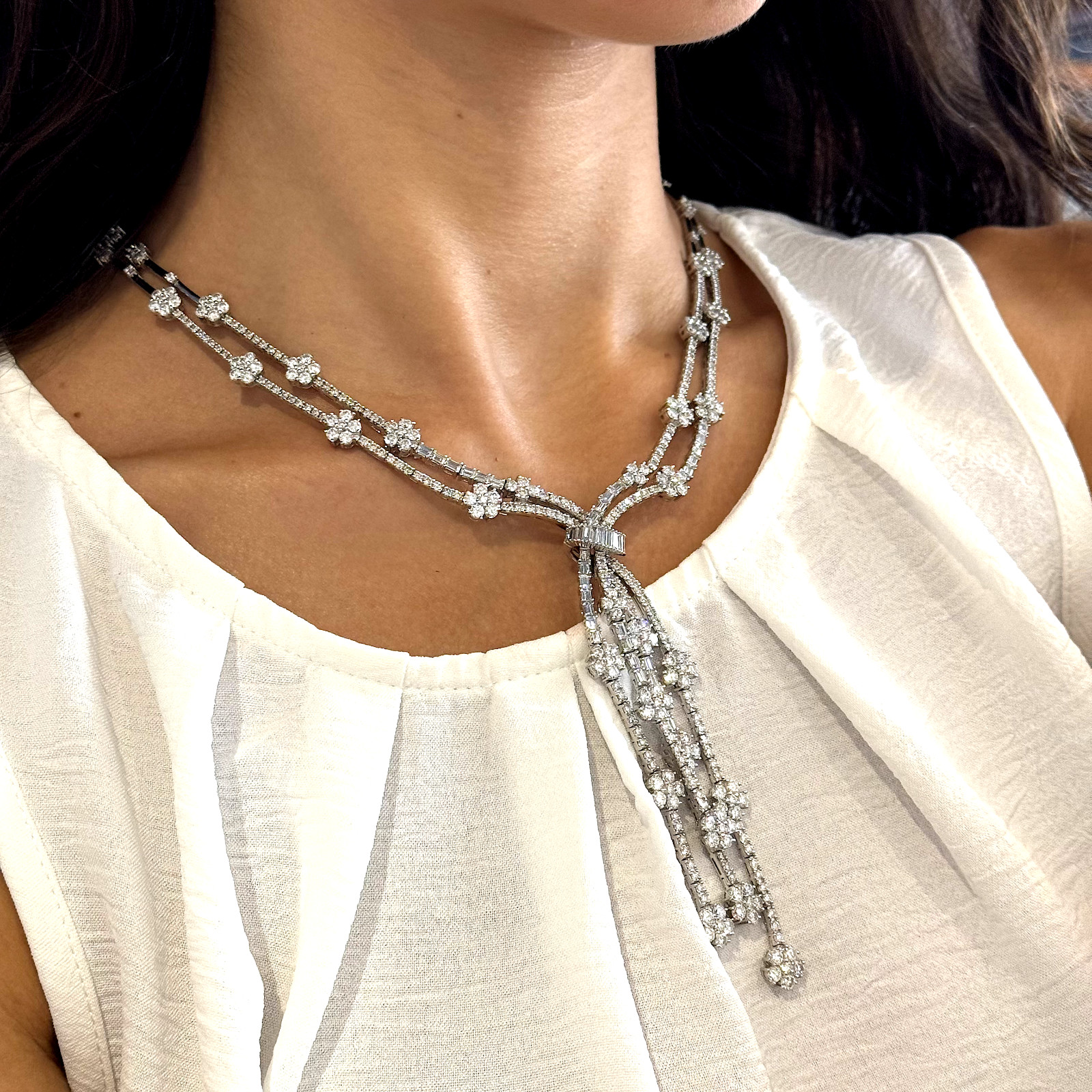 20.00 CT Diamond Two Row Floral Line Drop Necklace 18K White Gold Natural