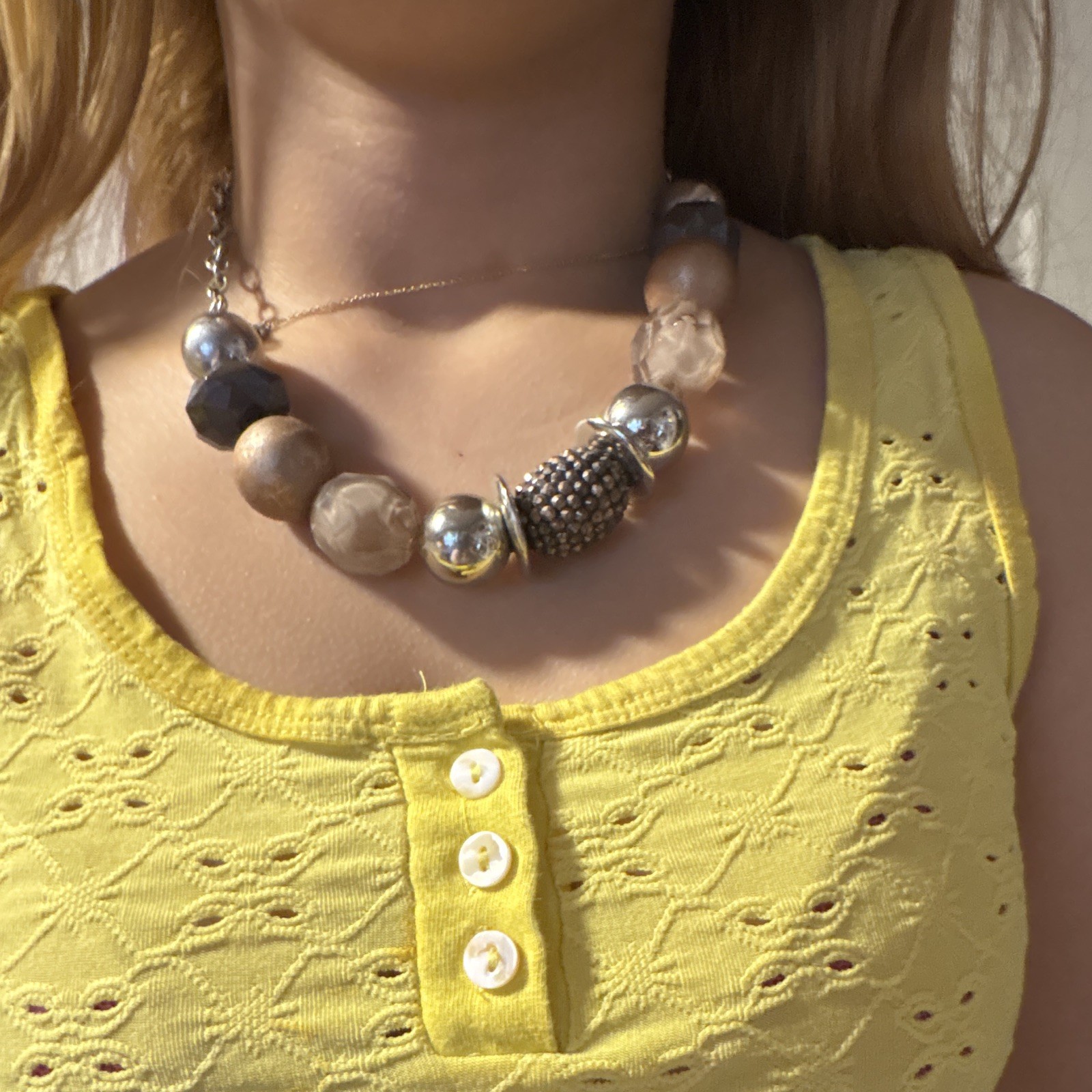 Silver Tone Cable Chain Beaded Necklace, Beige Black Clear Beads, No Stone