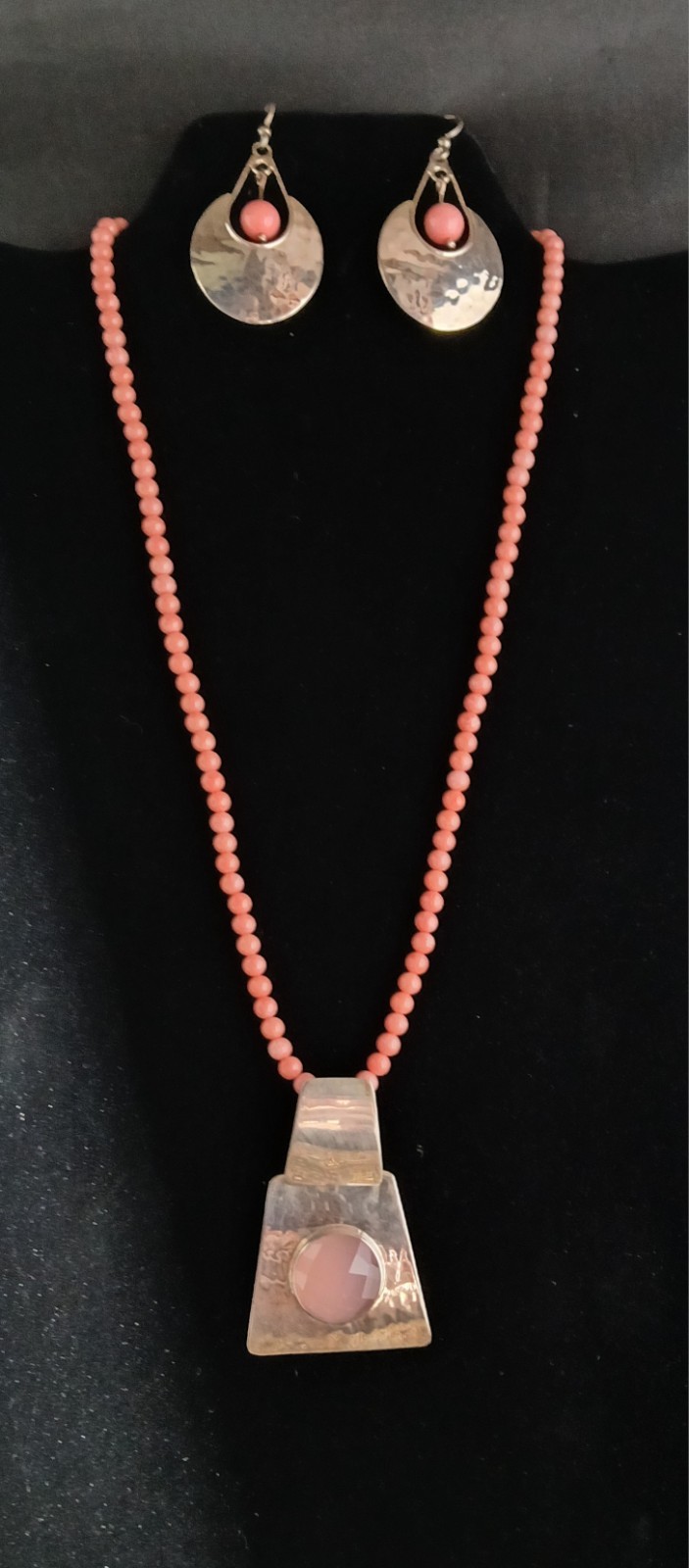 HSN DDD Geometric Pendant & Earrings- Coral Beaded Necklace Set 925
