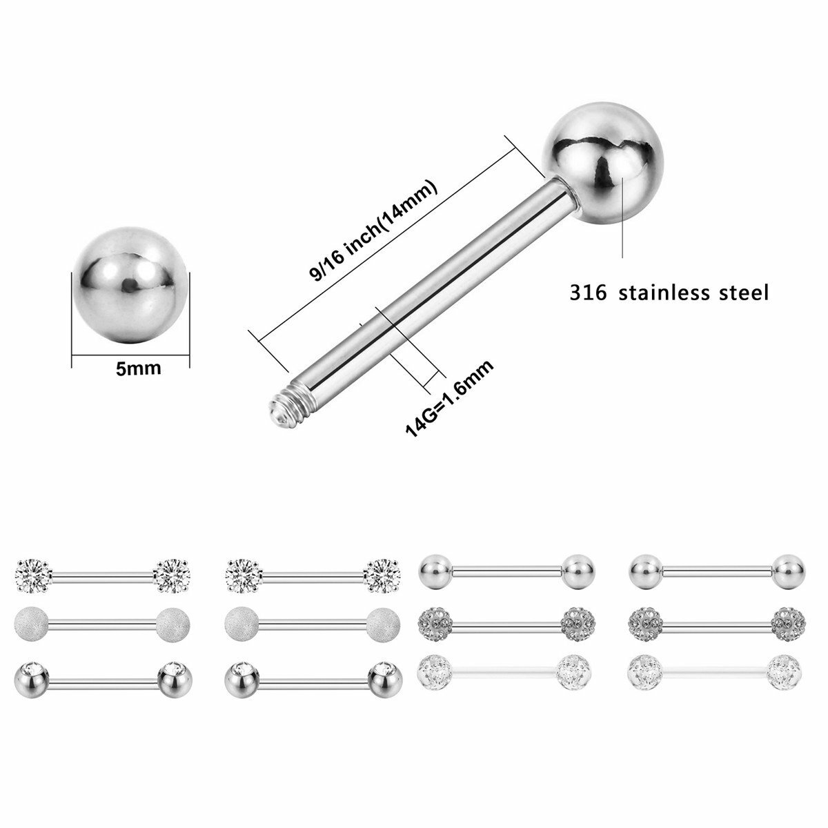 14G Nipple Rings Stainless Steel Tongue Ring Barbell Nipplerings Piercing 6Pairs