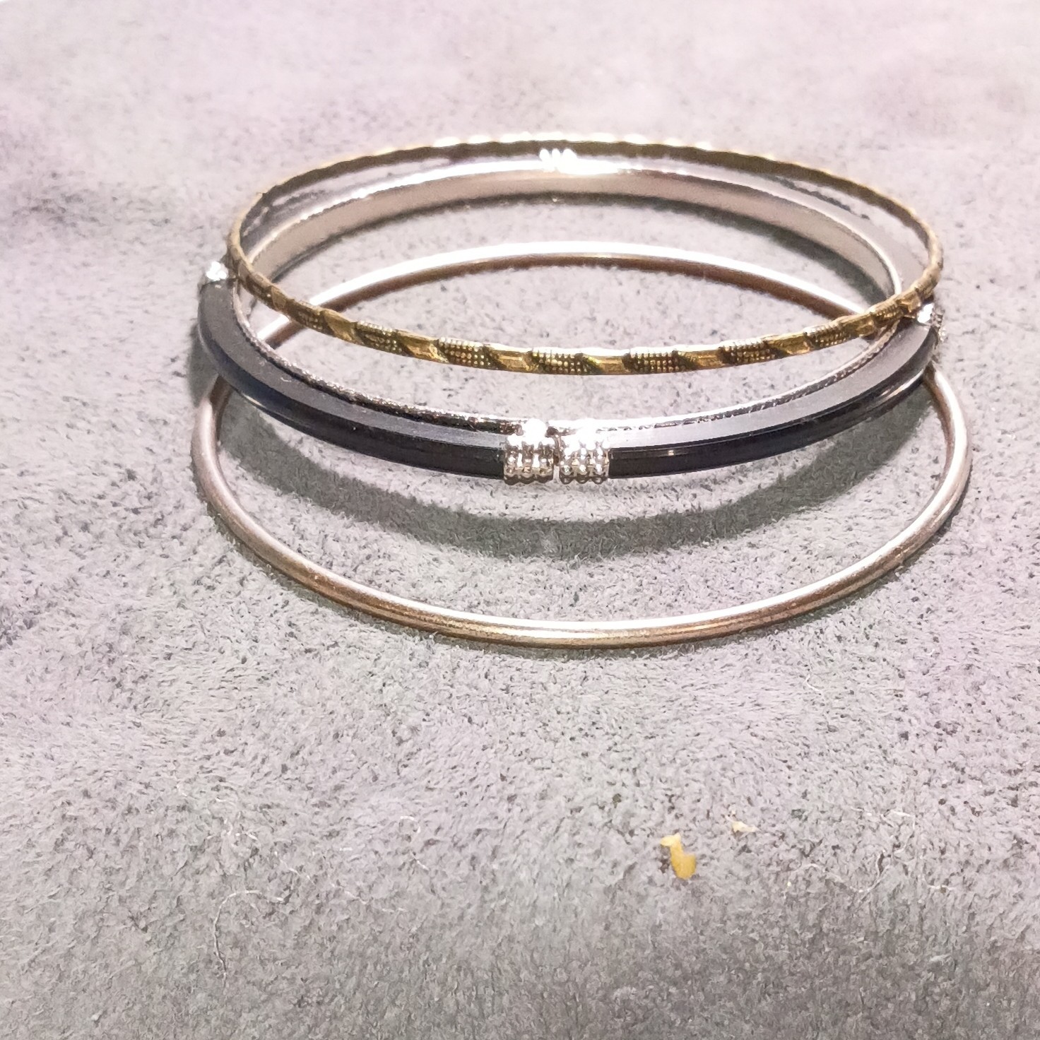 Set of 3 Two Tone Black Round Bangle Bracelets Stackable Clear Crystal Accent
