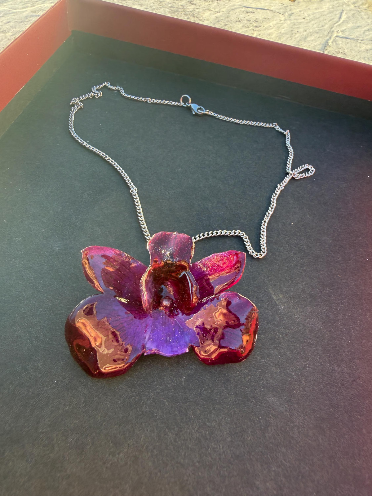 Real Violet Orchid Resin Necklace | Preserved Flower Pendant | Stainless Steel C