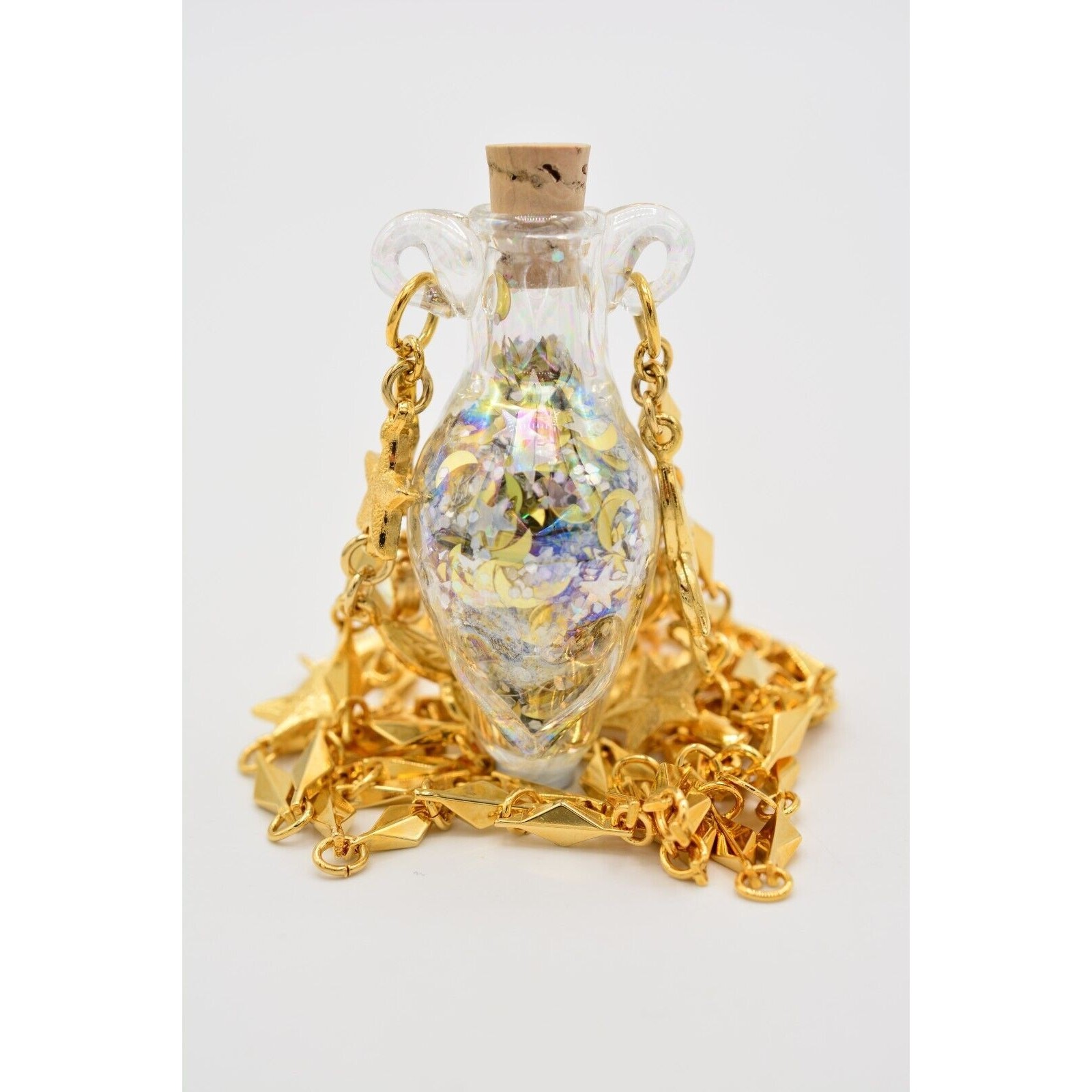 Kirks Folly Bottle Necklace Pixie Glitter Charm Crystal Rhinestone Gold NOS BOX