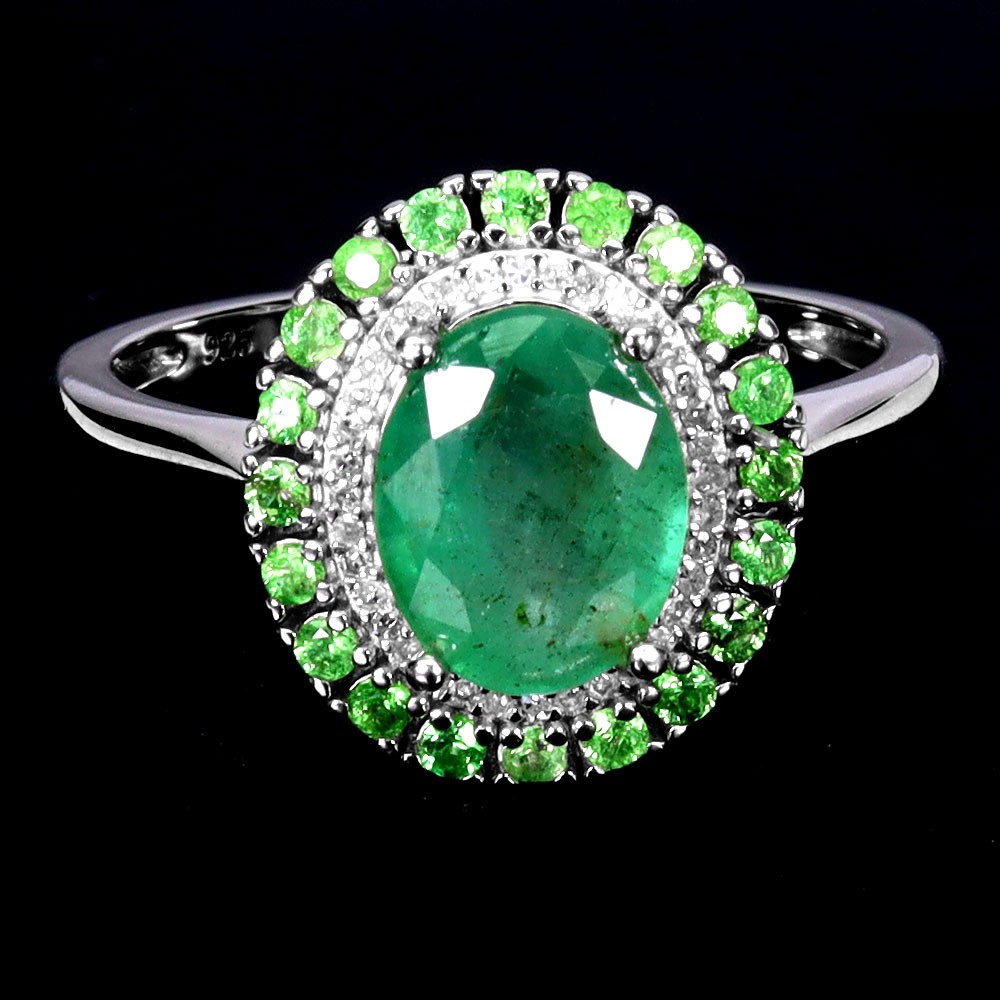 925 Sterling Silver Ring Oval Emerald 9x7mm Tsavorite Diamond 34pcs Gems Size 8