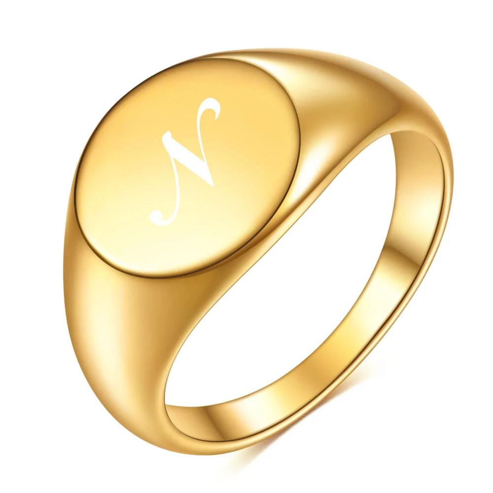 Initial Ring Gold Plated Stainless Steel Round Alphabet Signet Band Unisex