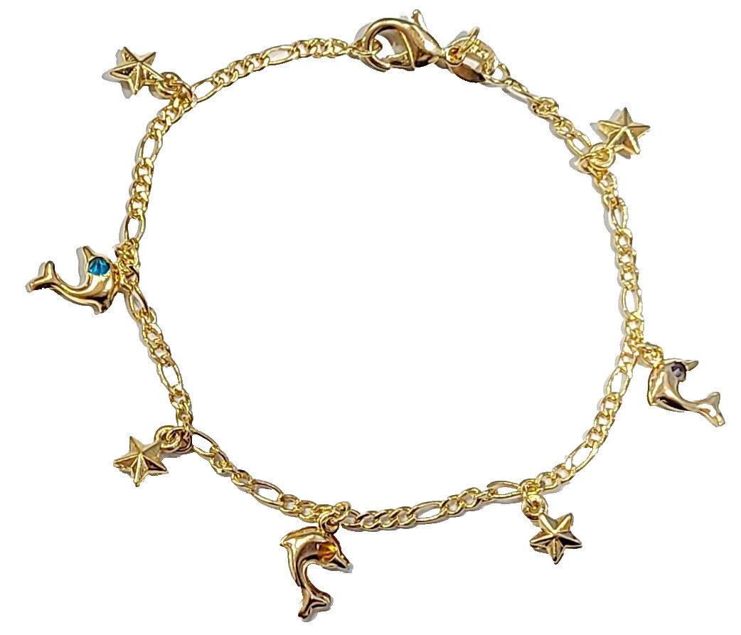 Dolphin Bracelet Dangle Colored Stones Stars 7.5 inch Long 14k Gold Filled # 15