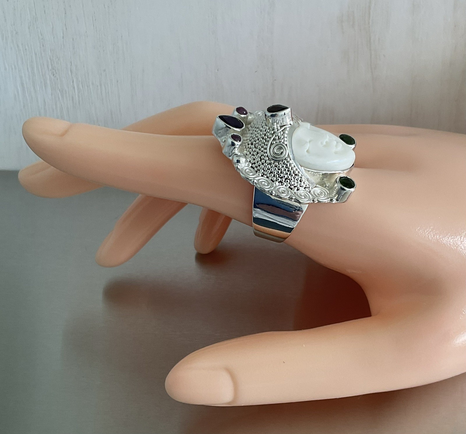 Sajen Silver Carved Goddess Ring Multi Gemstones 925 Sterling Silver Size 9
