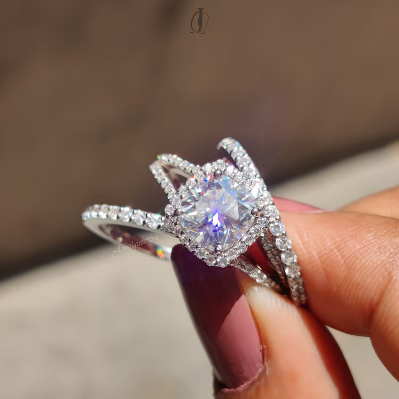3.60Ct Cushion-Cut EF/VS1 Lab Grown Diamond Engagement Ring Set 14K White Gold