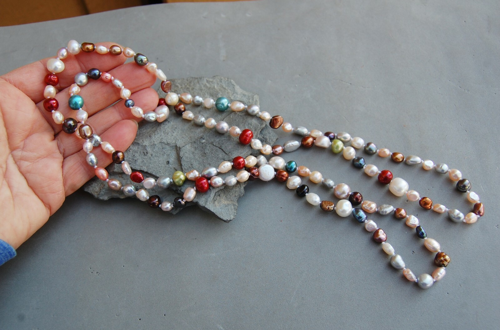 Genuine Pearl Necklace Continuous 48″ Multi-color Various Shapes Knotted Between