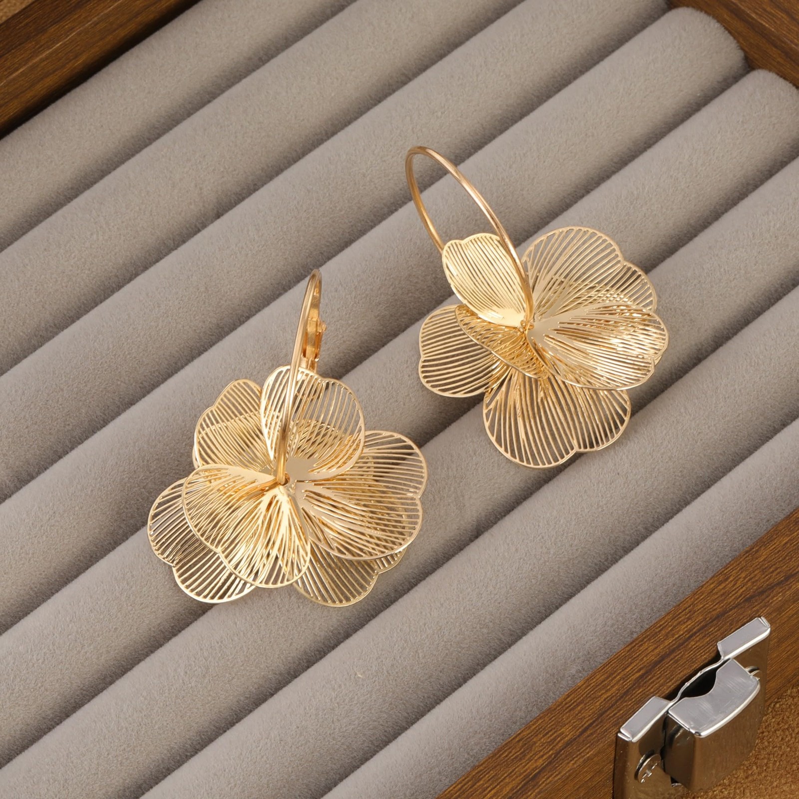 Dangle Flower Earrings for Women Statement Trendy Hoop Earring Moderate, Gold