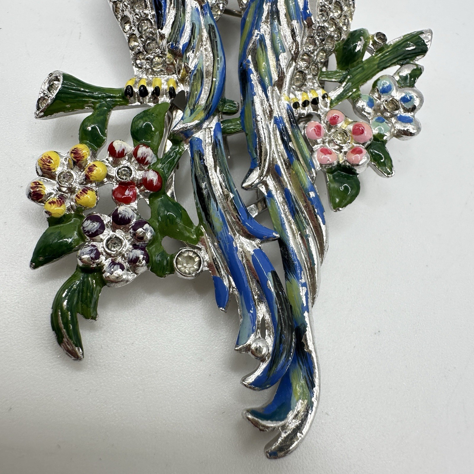 Vintage Coro Duette Birds Of Paradise Brooch Fur Clips Rhinestone Enamel