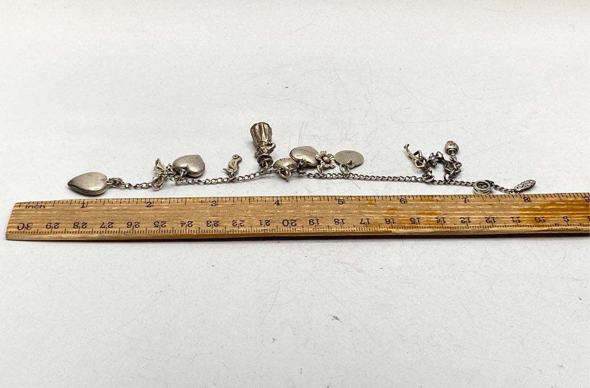 Vintage Sterling Silver 925 Charm Bracelet 12 Charms Heart Seahorse 7.38″ 22.4g