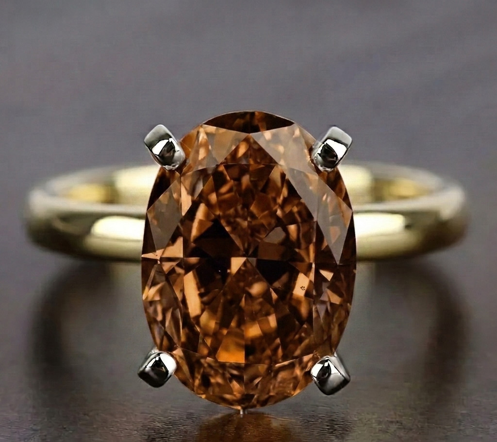 RARE 8.00 Ct Certified Oval Shape Natural Brown Diamond Ring Yellow Gold Finish