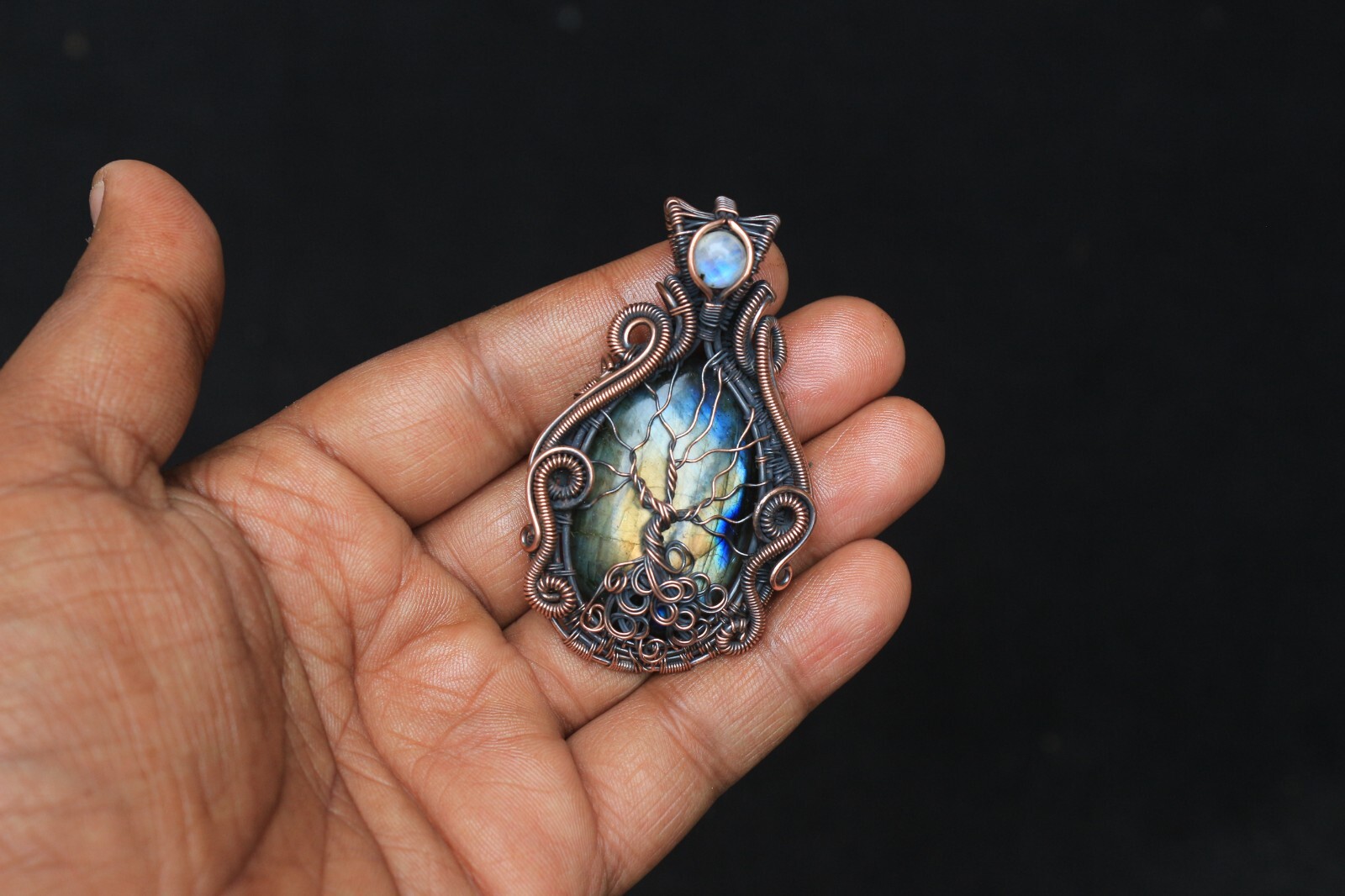 Yellow Fire Labradorite Copper Wire Wrap Tree Of Life Pendant Jewelry Gift NK547