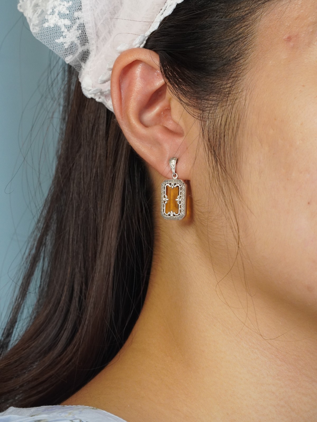 Silver925 Synthetic Citrine Vintage Filigree Earrings
