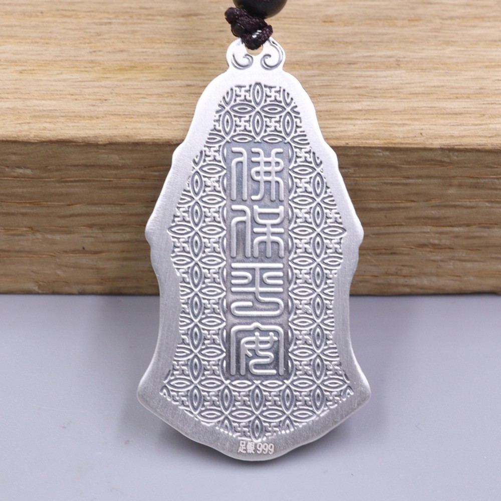 Solid S999 Fine Silver Men Women Lucky Kwanyin Head Pendant 26-27g 45*24mm