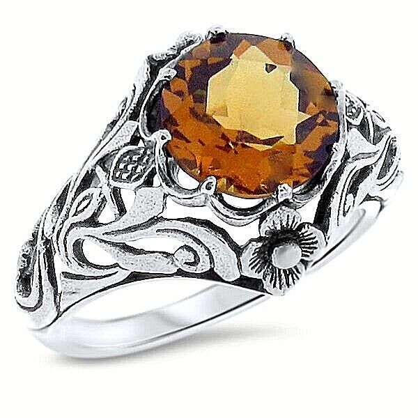 NOUVEAU ANTIQUE STYLE SCOTTISH THISTLE 925 SILVER LAB-CREATED CITRINE RING 890X