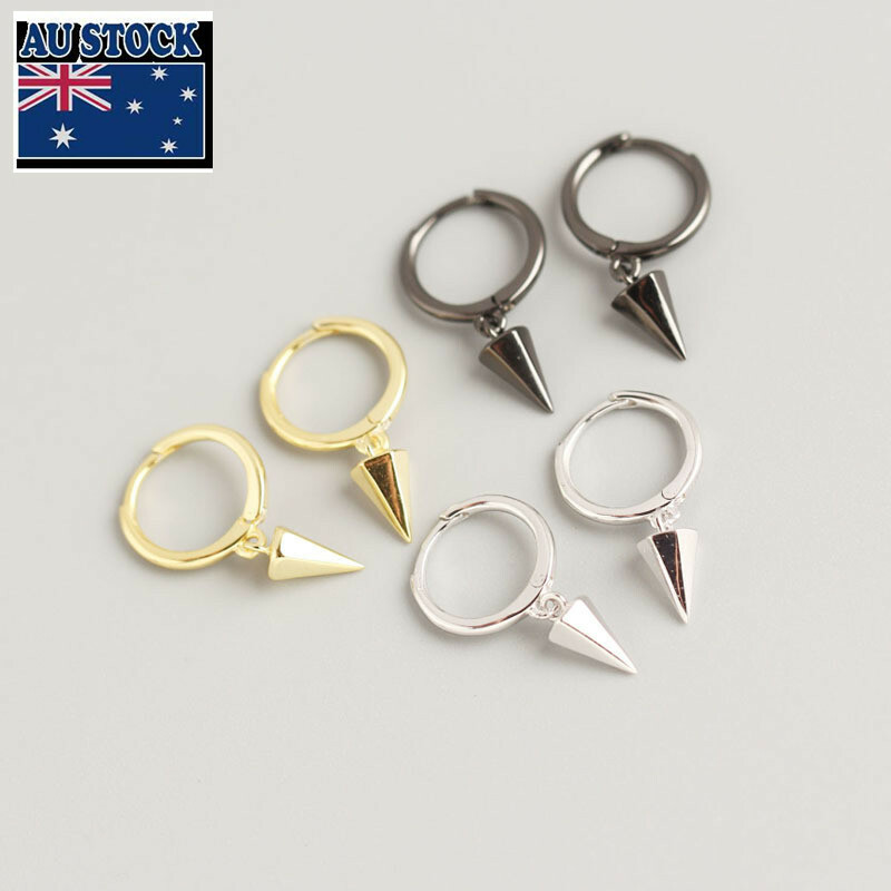 Woman s925 Sterling Silver Earring Clip Huggie Hoop Spike Taper Cone Drop