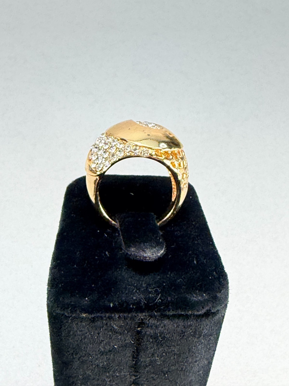Vintage Gold Tone Greek Key Rhinestone Dome Statement Cocktail Ring