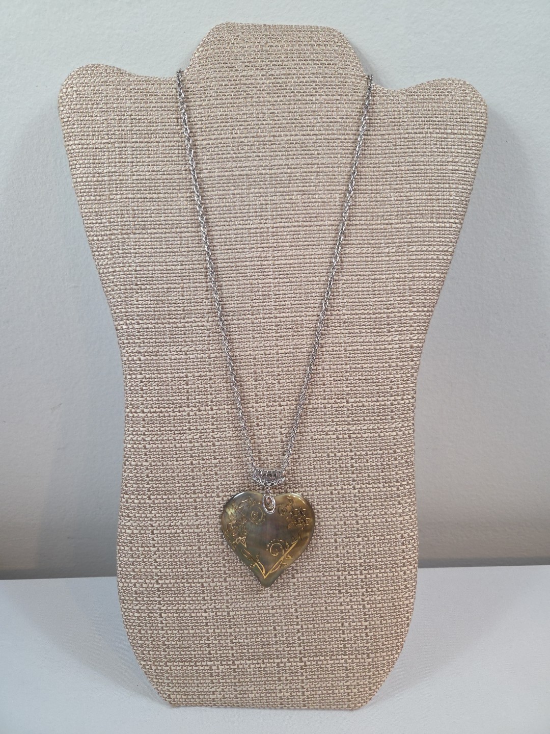 Abalone Shell Large Heart Gold Gilded Swirl Flowers Statement Pendant Necklace