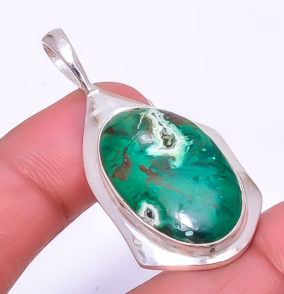 Cuprite Chrysocolla – Africa Gemstone Silver Handmade Pendant 1.83″ A349