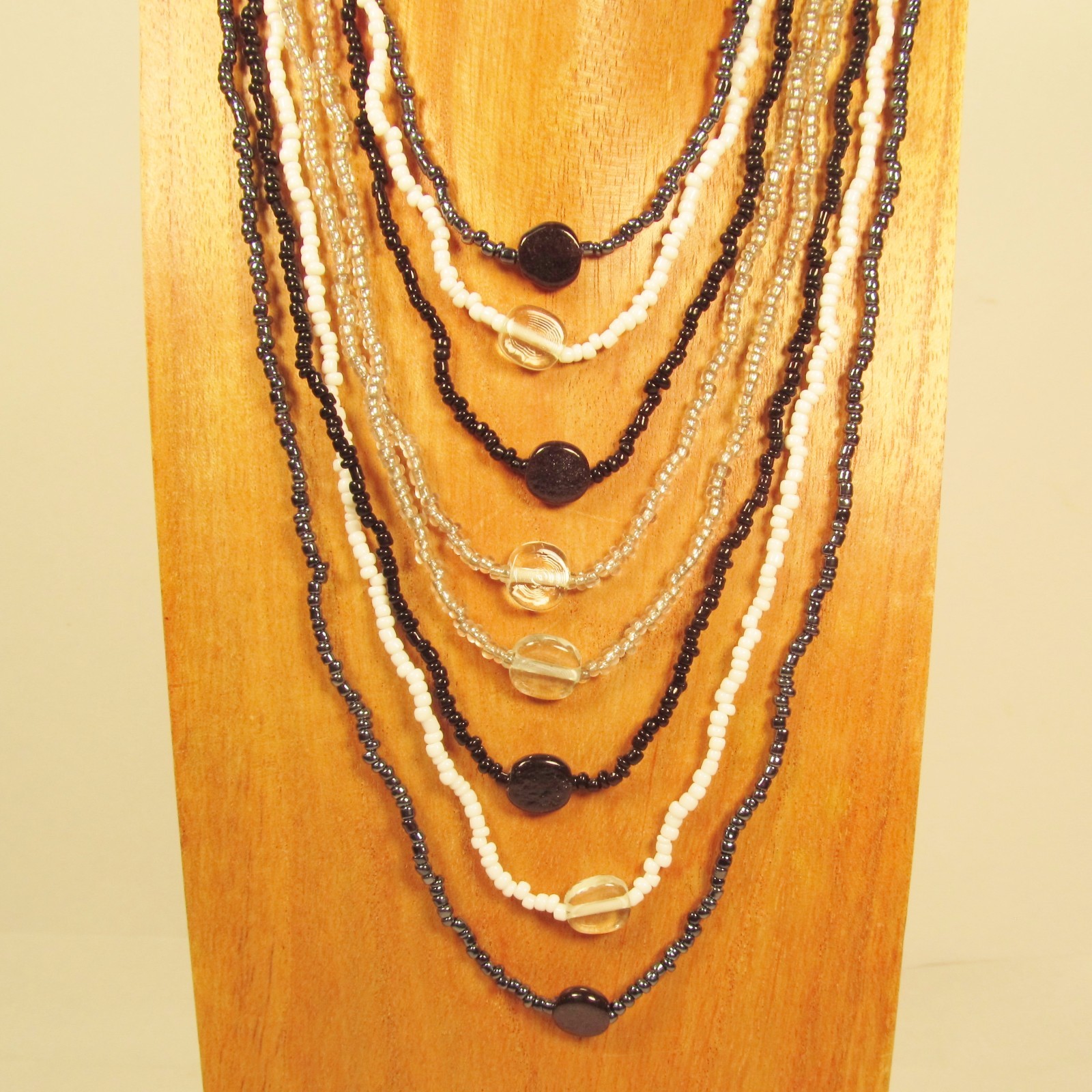 24″ Waterfall Black White Multi Strand Mixed Bead Handmade Seed Bead Necklace
